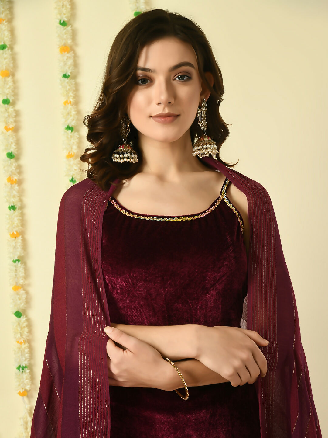 Myshka Women's Magenta Velvet Kurti & Sharara With Dupatta Party Sets | Grocsy