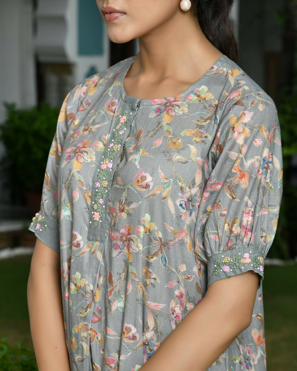 Vaasva Women's Grey Cotton Digital Printed Embroidered Placket Dress | Grocsy