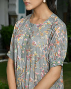 Vaasva Women's Grey Cotton Digital Printed Embroidered Placket Dress | Grocsy