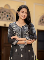 Kaajh Women's Black Chikhankari Embroidered Kurta Pant Set | Grocsy