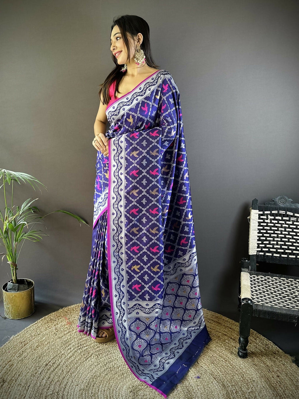 Joban Fashion Blue Jacquard Woven Pattern Lichi Soft Silk Banarasi Saree | Grocsy