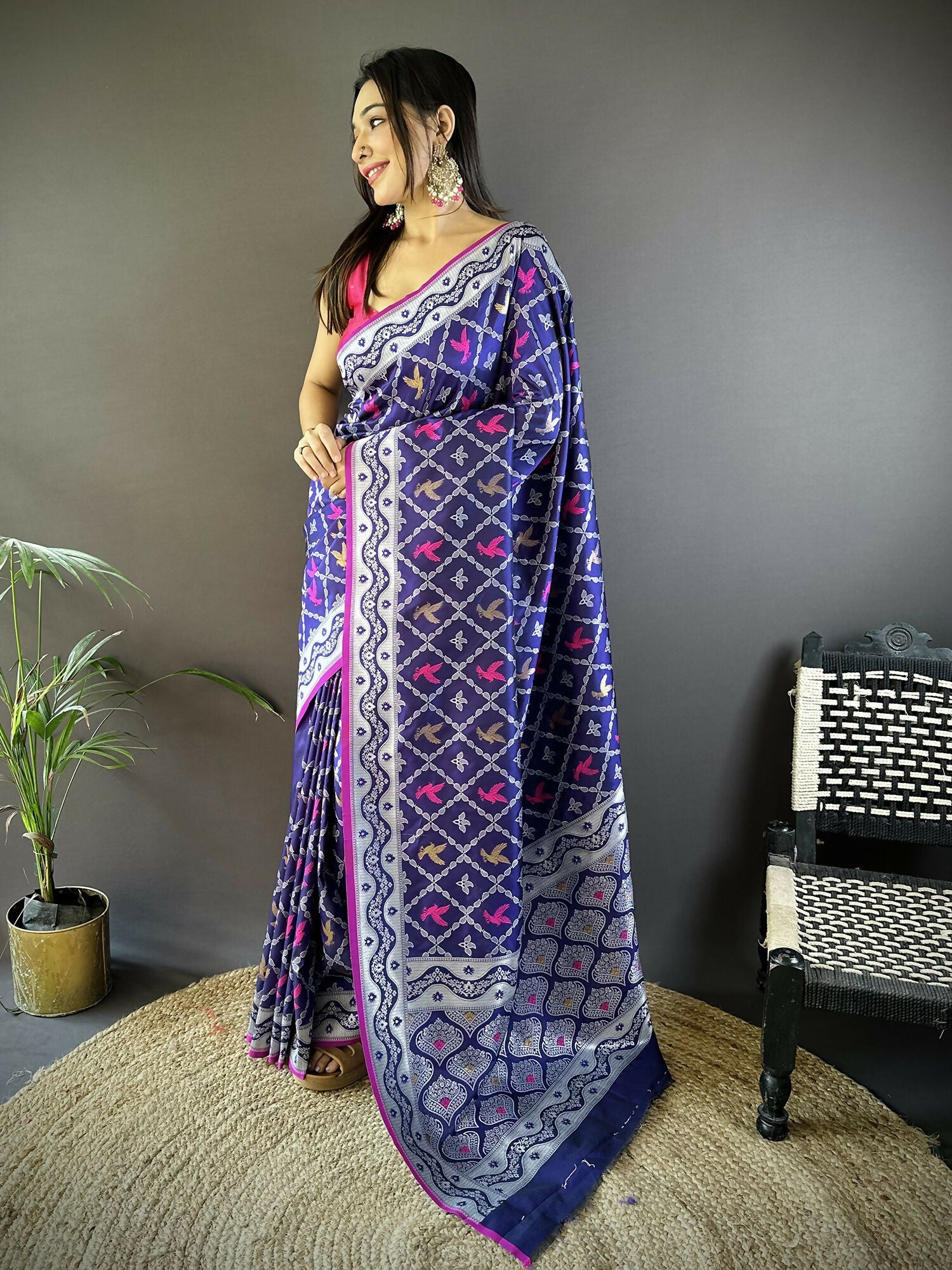 Joban Fashion Blue Jacquard Woven Pattern Lichi Soft Silk Banarasi Saree | Grocsy
