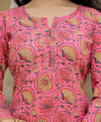 Kaajh Women's Pink Cotton Floral Printed Kurta Pant With Dupatta Set | Grocsy
