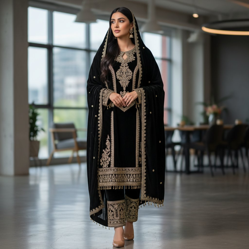 Joban Fashion Black Velvet Embroidery Sequence Work Readymade Kurta Set | Grocsy