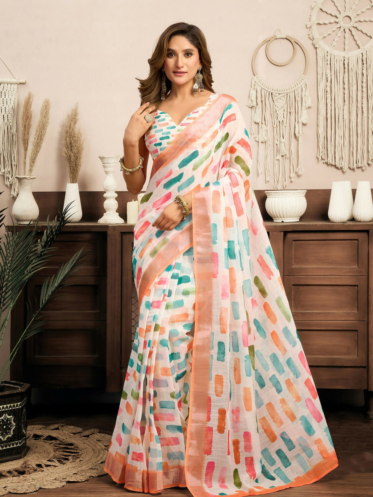 Joban Fashion White Color Block Linen Ready To Wear Saree With Unstitched Blouse | Grocsy