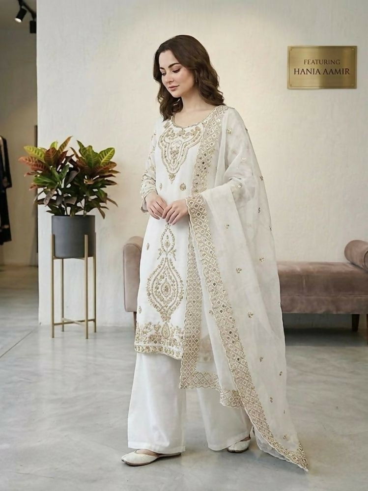 Teeya Creation White Color Gimmychu Silk Embroidery Work Wedding Wear Salwar Suit | Grocsy