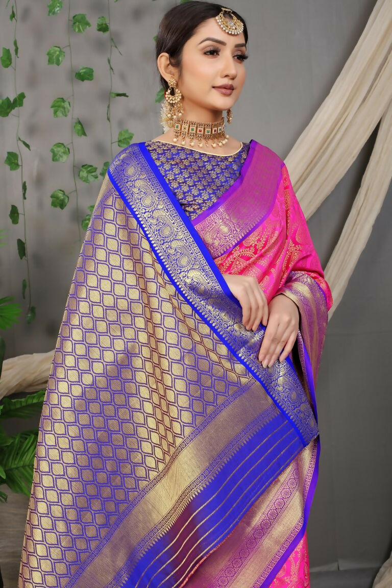 Jyoti Fashion Women's Pink Kanjivaram Silk Zari Woven Saree with Blouse | Grocsy