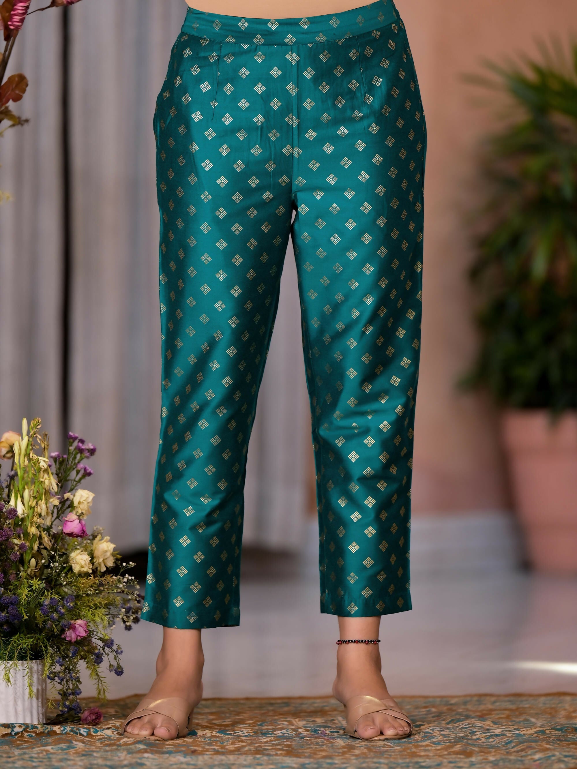 Juniper Women's Rama Green Ethnic Motif Printed Cotton Kurta Pant And Dupatta Set With Zari Work | Grocsy
