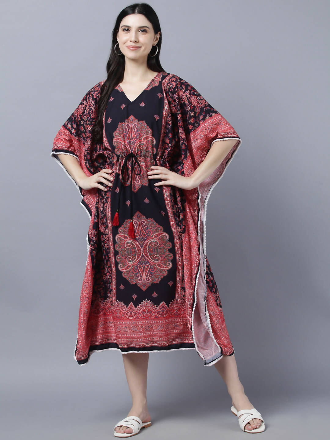 Myshka Peach-Coloured Purple Floral Kaftan Midi Dress | Grocsy