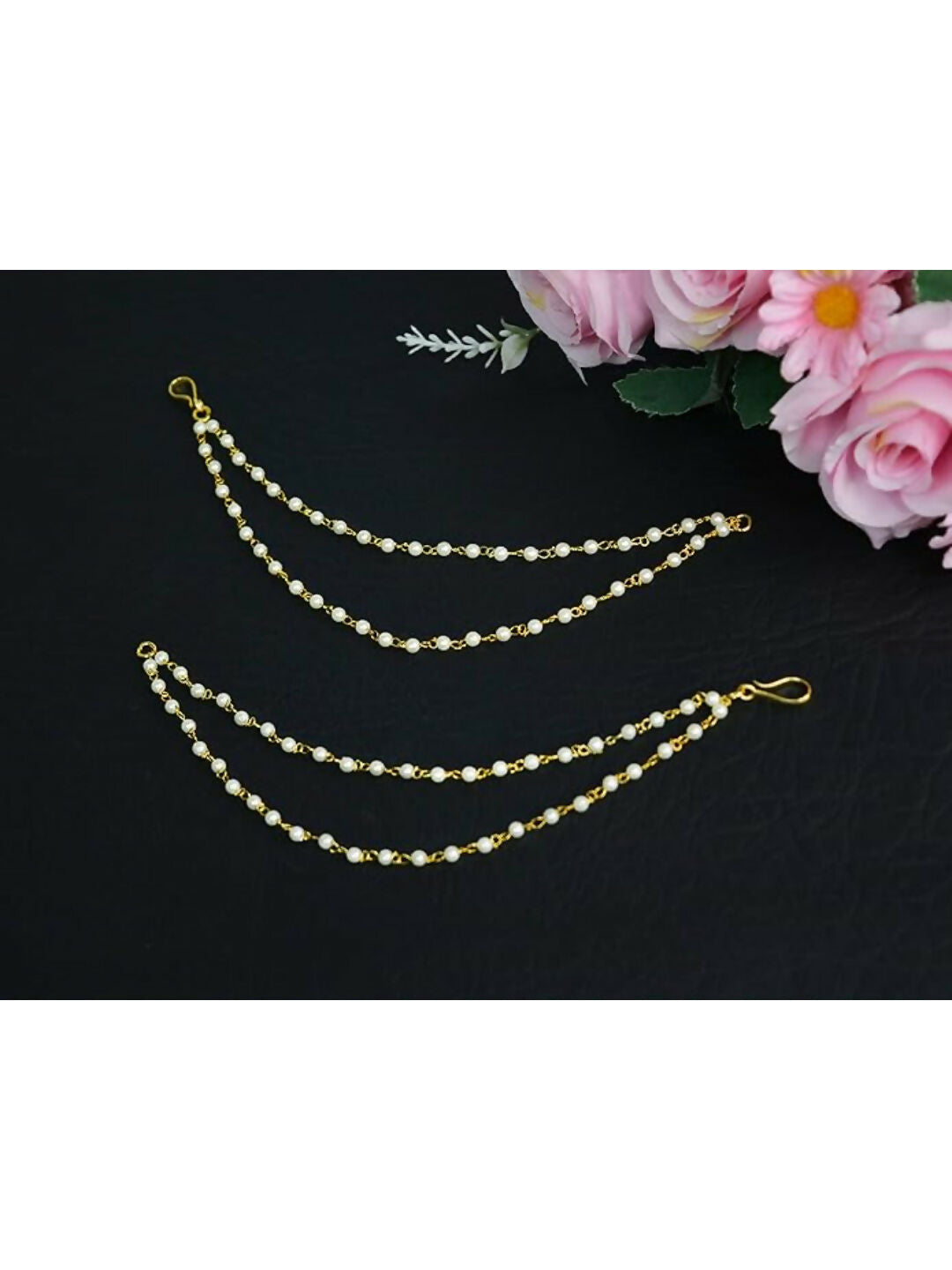 NVR Pearl Studded Classic Gold-Polished 2 Line Ear Chain Ear Cuff | Grocsy