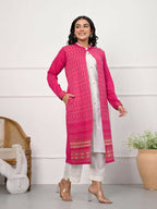 Juniper Women's Pink Ethnic Motif Printed Cotton Long Winter Wear Jacket | Grocsy