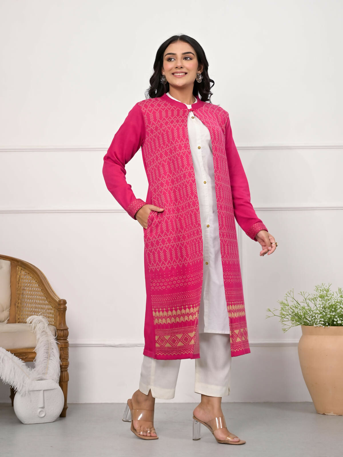 Juniper Women's Pink Ethnic Motif Printed Cotton Long Winter Wear Jacket | Grocsy