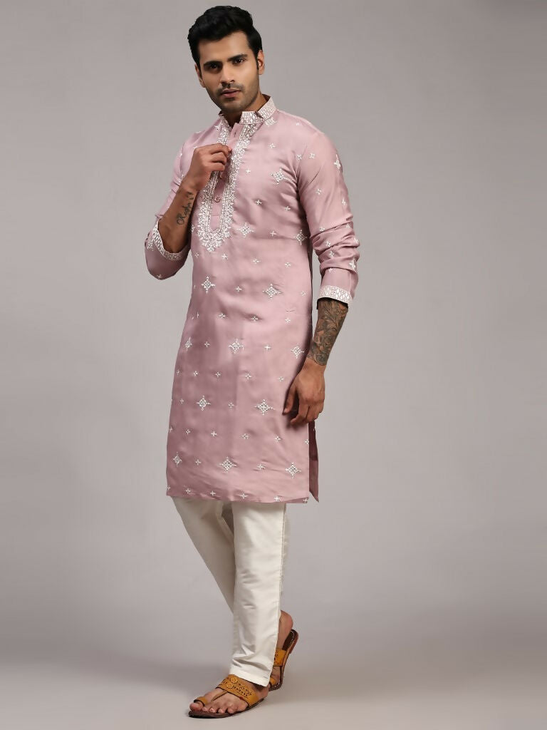 Pink Silk Designer Embroidery Work Men's Rajwadi Kurta Set - Mahotsav | Grocsy