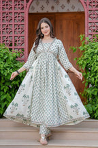 Jaimini Women Cotton Printed V-Neck 3/4 Sleeves Calf Length Flared Kurta Pant And Dupatta Set | Grocsy