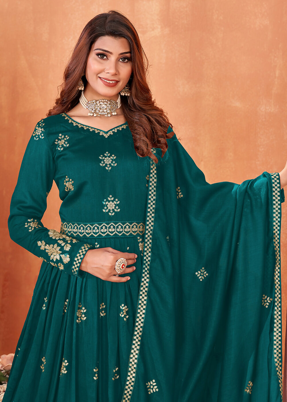 Rama Green Festive Embroidered Art Silk Anarkali Suit - Emponline | Grocsy