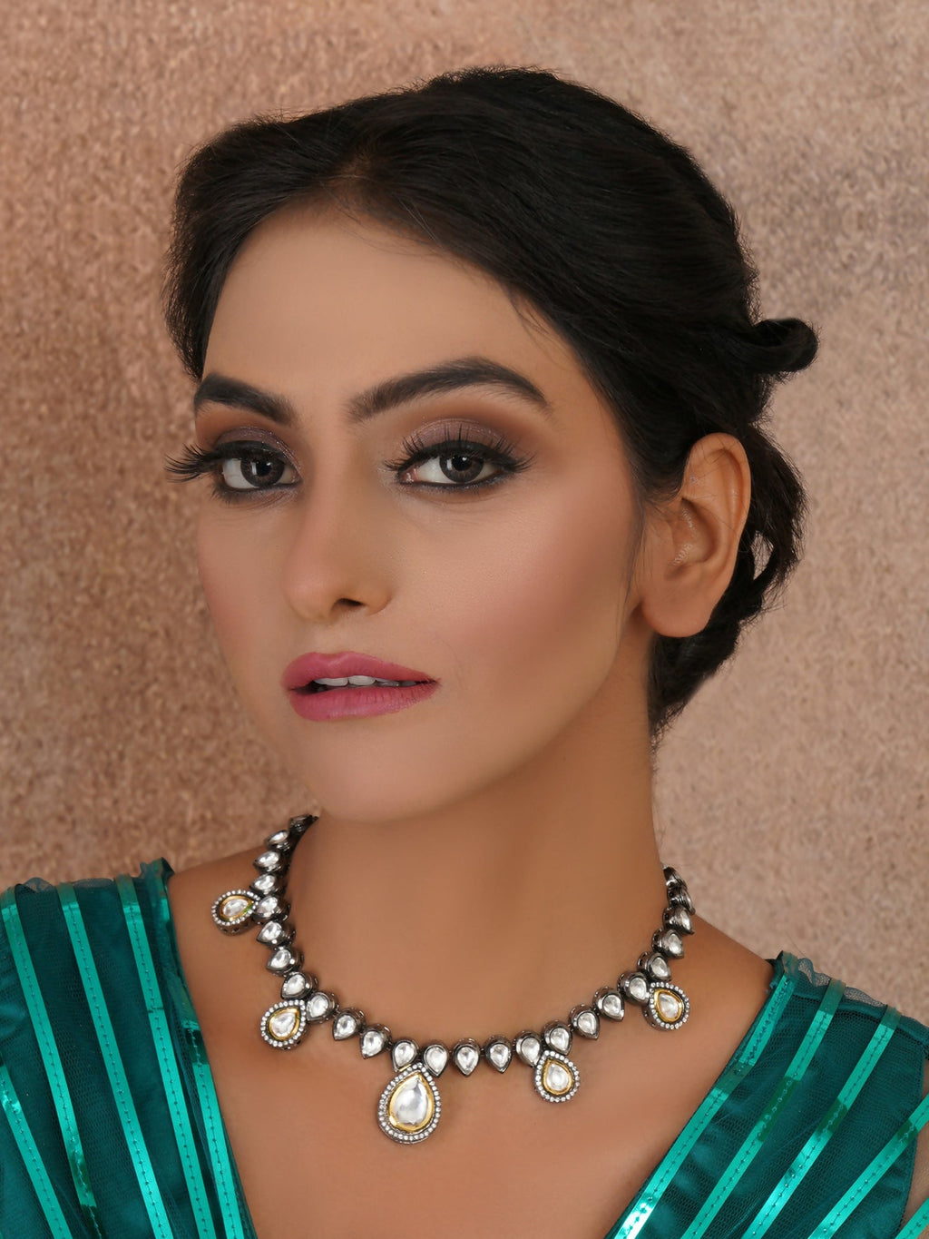 Dual Tone Kundan Neckpiece (silver) - Ruby Raang | Grocsy