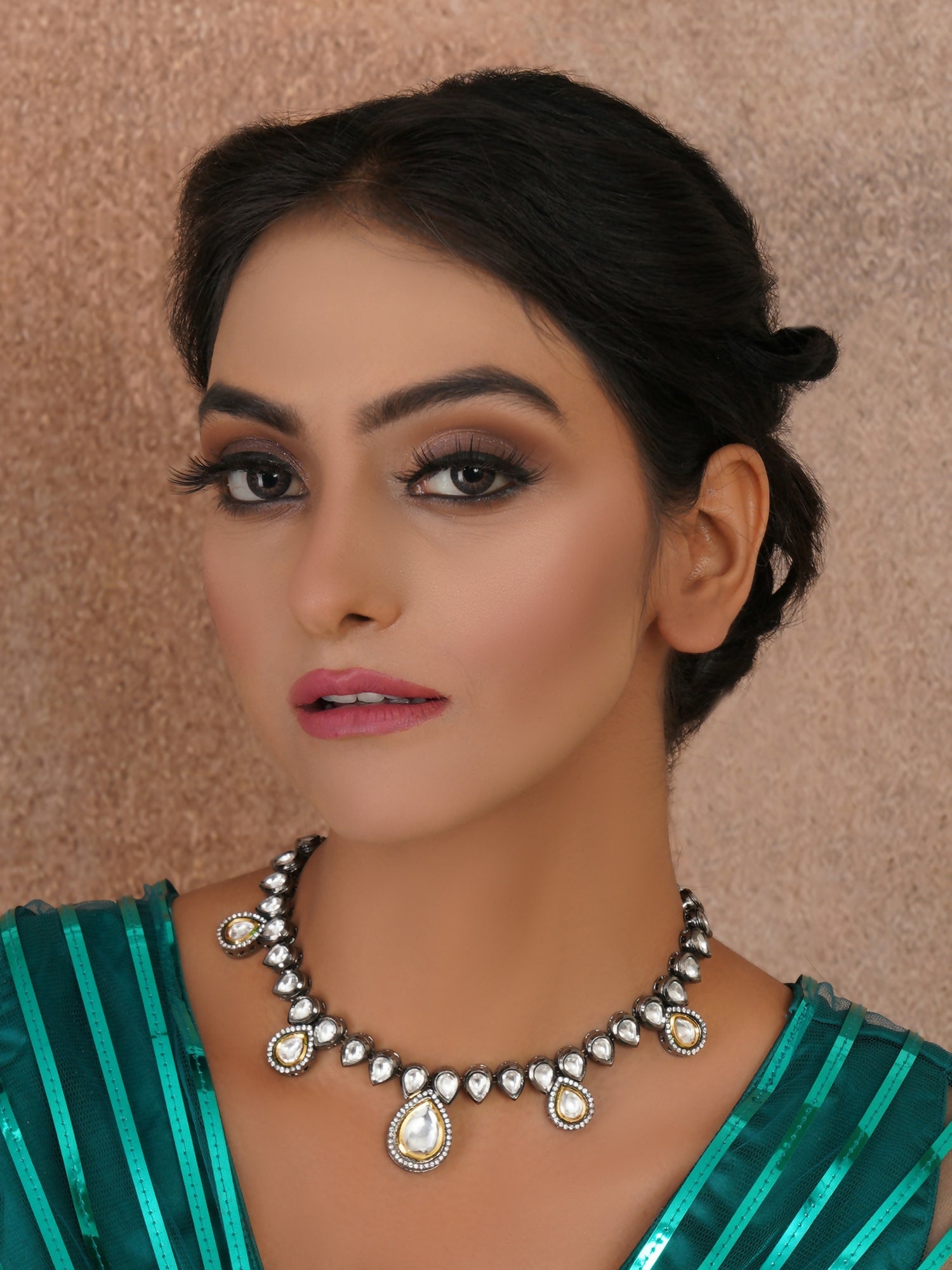 Dual Tone Kundan Neckpiece (silver) - Ruby Raang | Grocsy