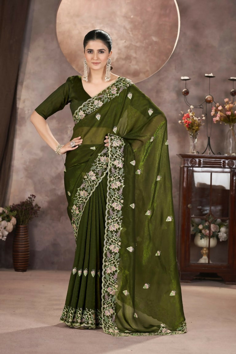 Vastranavya Gold Crunchy Multi Colour Threads Embroidery Work with Sequins Work Saree with Blouse material - Mehendi | Grocsy