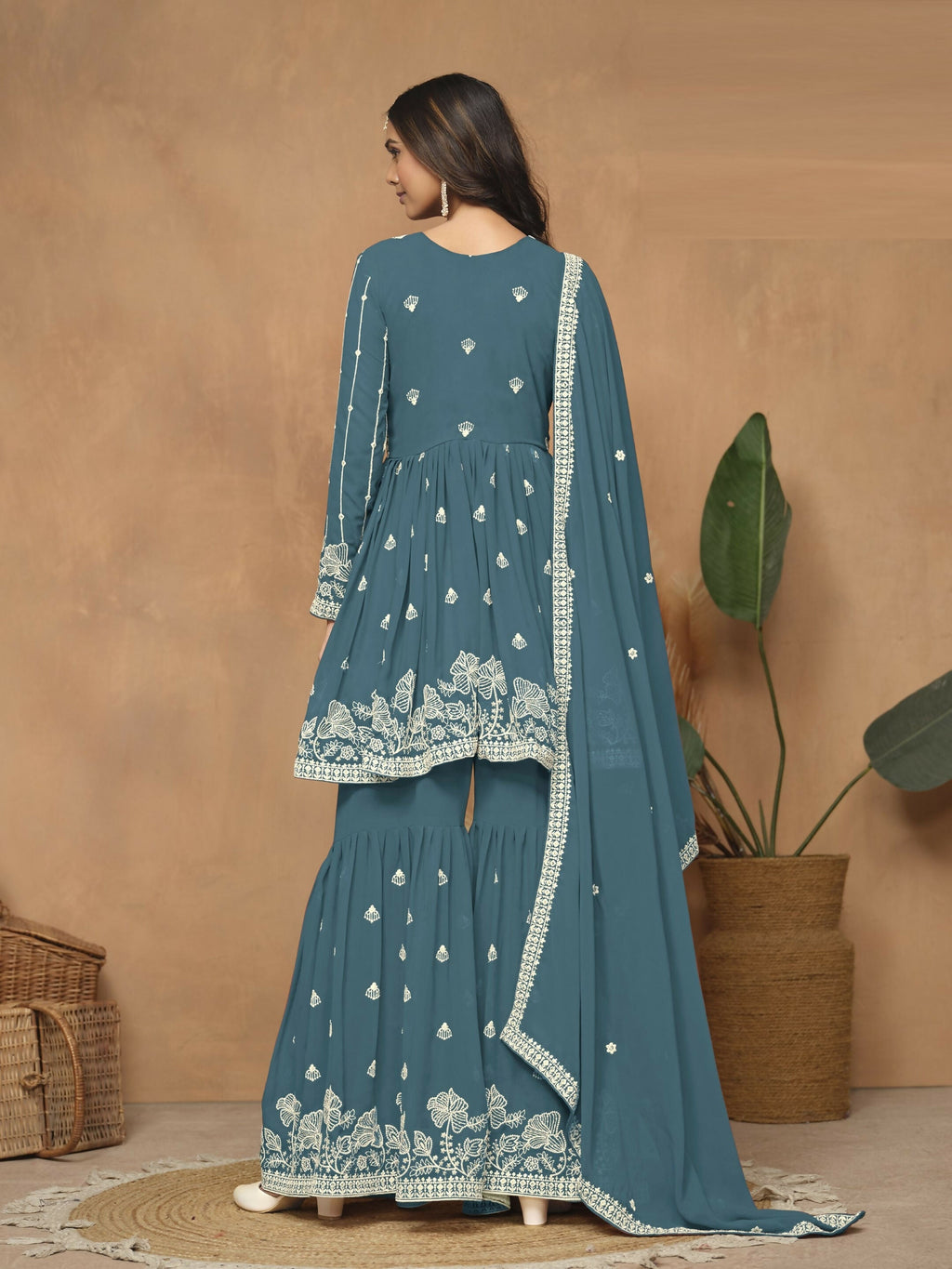 Anaita Teal Embroidered Faux Georgette Sharara Suit | Grocsy