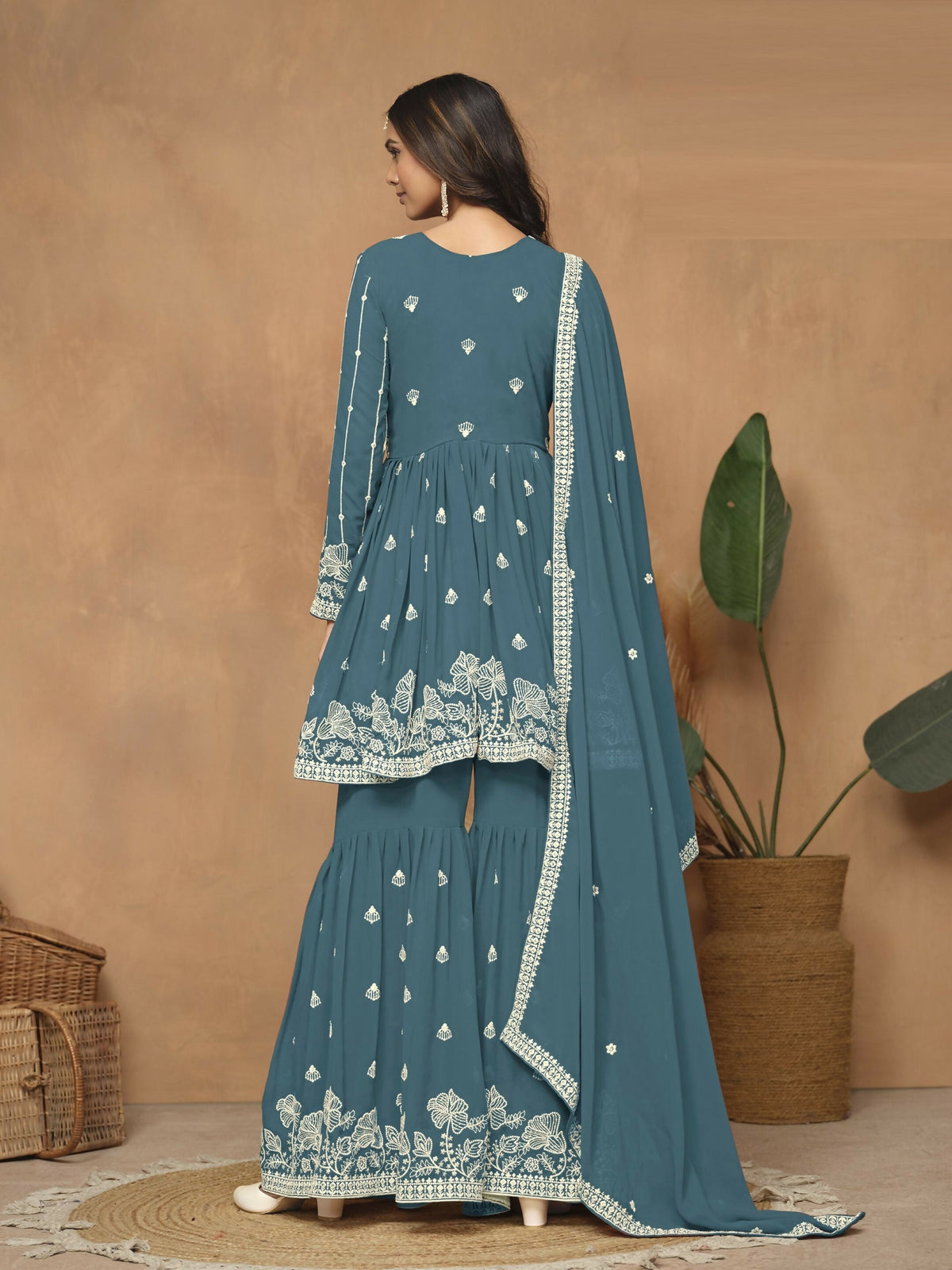 Anaita Teal Embroidered Faux Georgette Sharara Suit | Grocsy