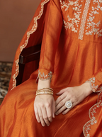 The52 Orange Women's Beautiful Vichitra Silk Fabric Embroidered Work Flared Anarkali Pant and Dupatta Set | Grocsy
