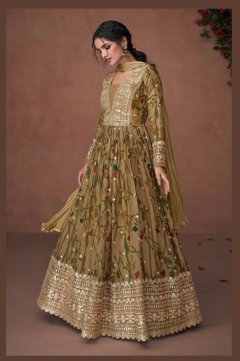 Vastranavya Green Organza Silk Floral Printed & Foil Mirror Work Anarkali Suit Set | Grocsy