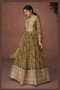 Vastranavya Green Organza Silk Floral Printed & Foil Mirror Work Anarkali Suit Set | Grocsy