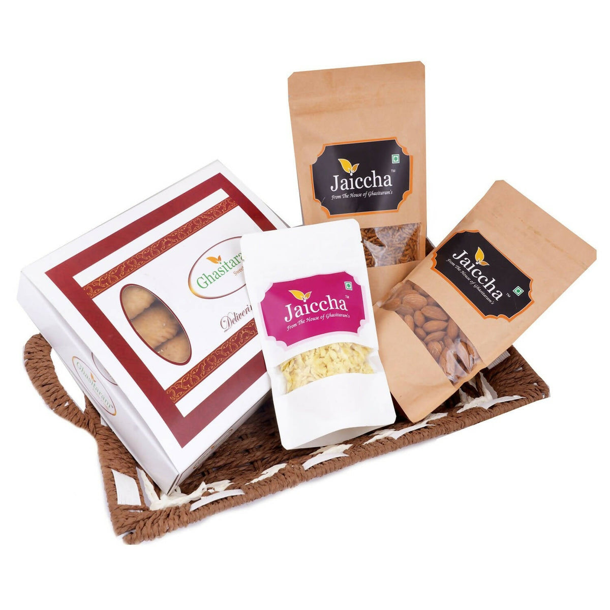 Ghasitaram Brown and White Basket Sugarfree Gujiya, Chiwda, Flavoured Almonds, Nachini Sev Pouches | Grocsy