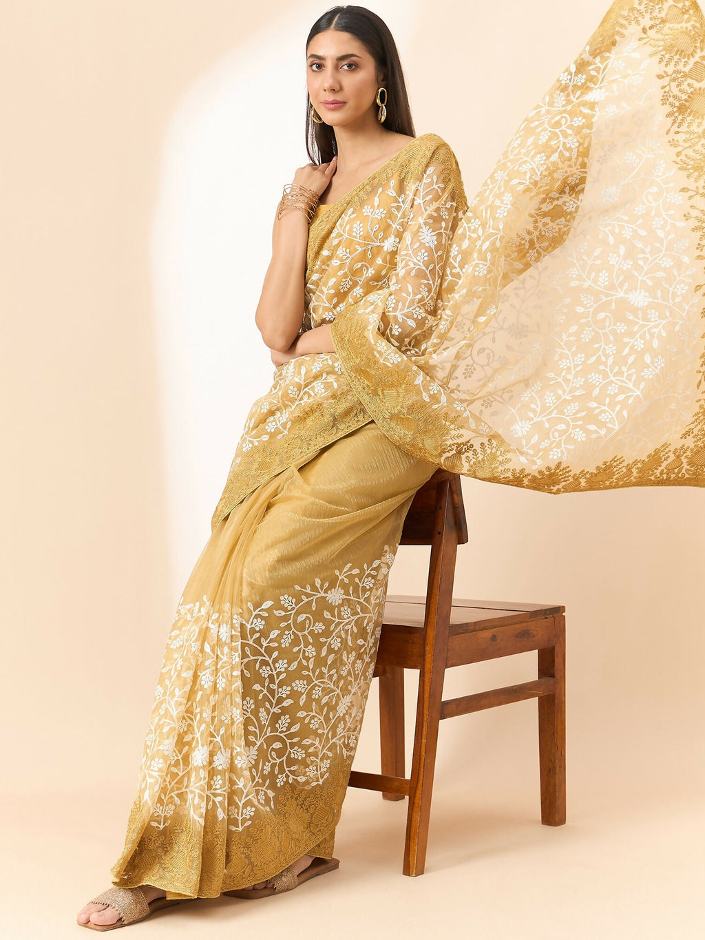 Beige Organza Floral Embroidered Saree with Unstitched Blouse Piece - Roozal | Grocsy