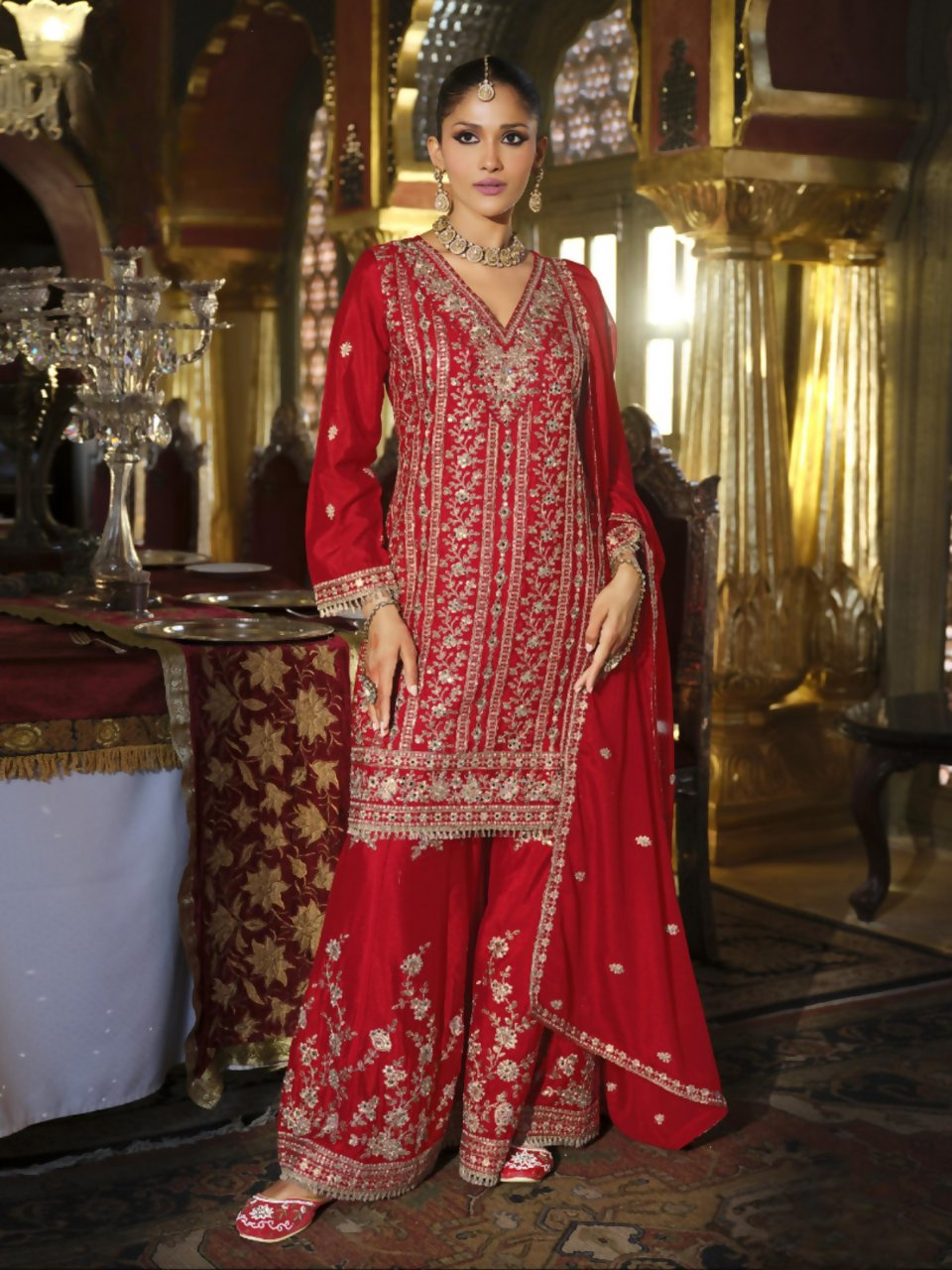 Anaita Red Heavy Chinon Readymade Palazzo Suit with Heavy Embroidery Work | Grocsy