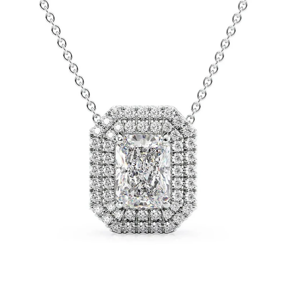 Cauer Elegant Radiant Moissanite Pendant Chain 14K Sterling Silver White Gold Plated | Grocsy