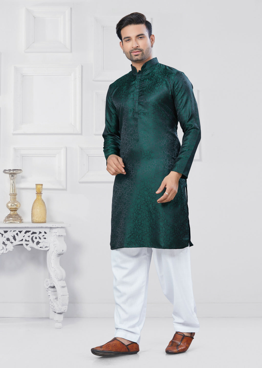 Joban Fashion Men's Jacquard Silk Green Printed Kurta Pyjama set | Grocsy