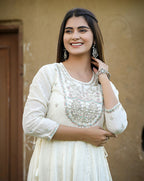 Kaajh Women's White Floral Embroidered Cotton Ethnic Dress | Grocsy