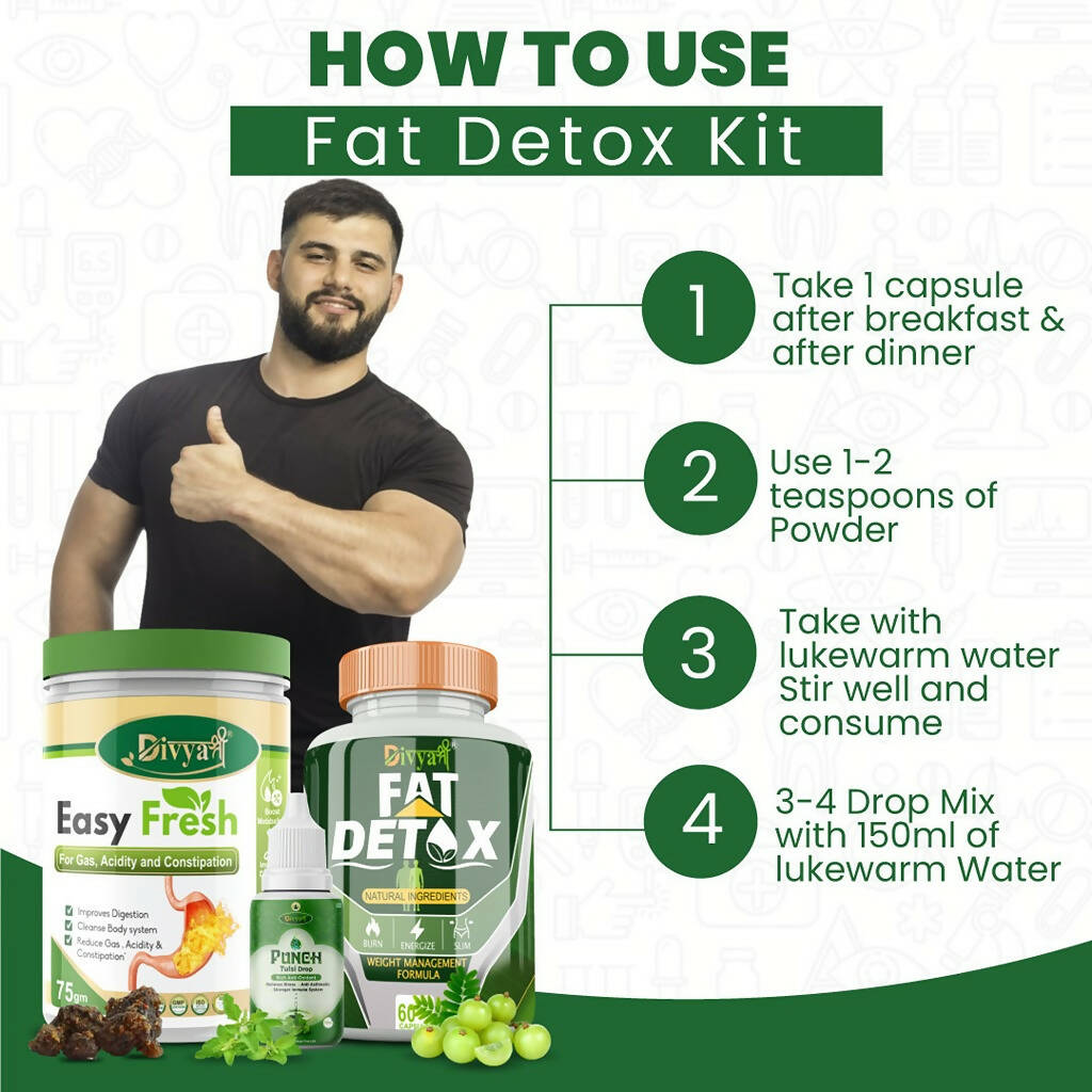Divya Shree Fat Detox Capsule + Easy Fresh Powder & Punch Tulsi Drop Gas Combo Kit | Grocsy