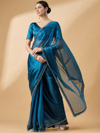 Teal Organza Swaroski Diamond Work Saree with Unstitched Blouse - Radha | Grocsy