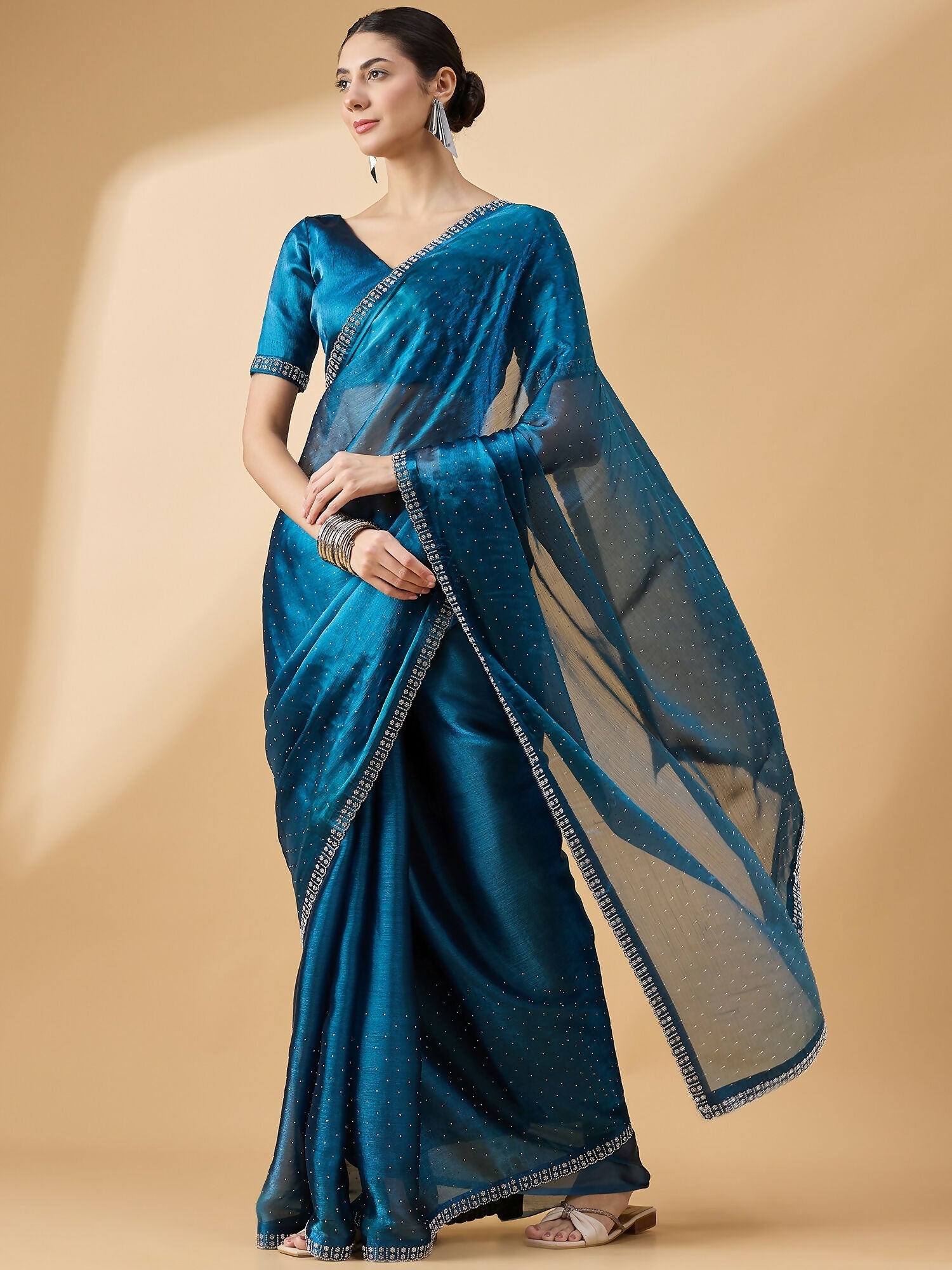 Teal Organza Swaroski Diamond Work Saree with Unstitched Blouse - Radha | Grocsy