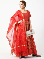 Cheera Women's Red Chanderi Silk & Rayon Hand Block Print Long Dress With Silk Dupatta Set | Grocsy