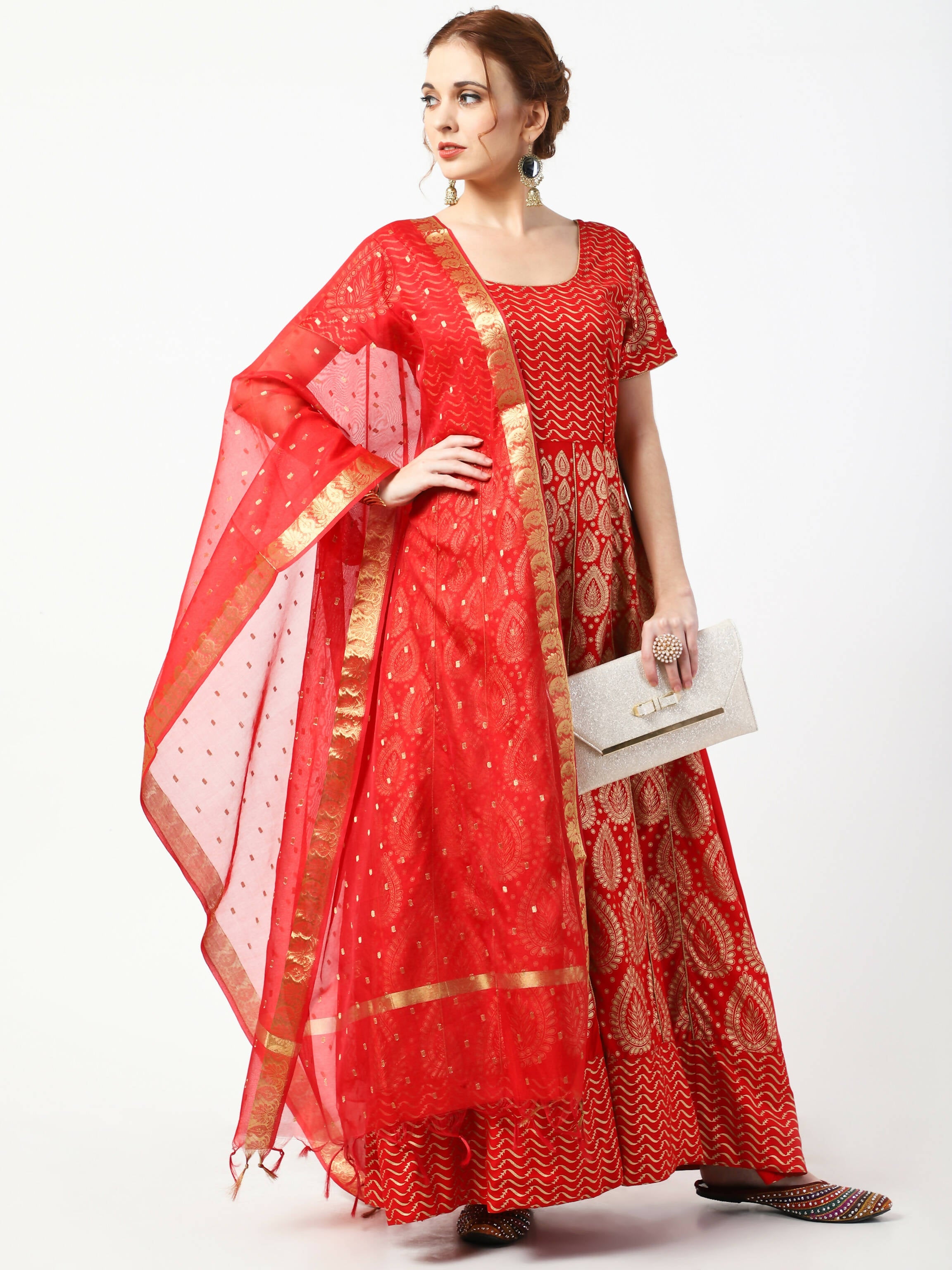 Cheera Women's Red Chanderi Silk & Rayon Hand Block Print Long Dress With Silk Dupatta Set | Grocsy