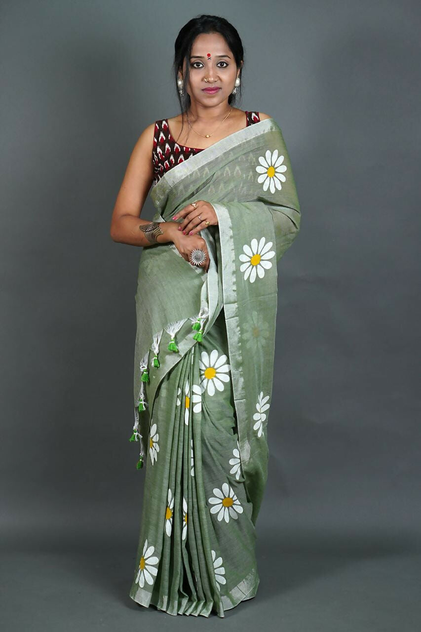 Exclusive Collection Light Pista Pure Cotton Saree With Sunflower Design | Grocsy