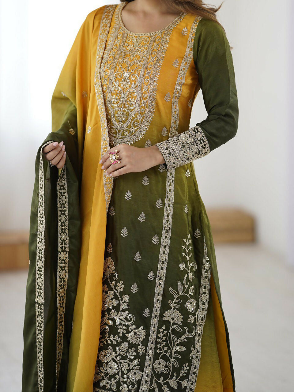 The52 Women's Gorgeous Chinon silk Fabric Embroidery Work Straight Kurta Palazzo and Dupatta Set | Grocsy