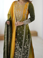The52 Women's Gorgeous Chinon silk Fabric Embroidery Work Straight Kurta Palazzo and Dupatta Set | Grocsy