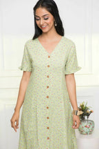 Myshka Women Ethnic Motifs Rayon A-Line V-Neck Green Dress | Grocsy
