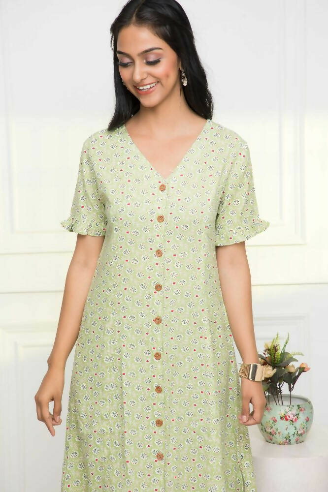 Myshka Women Ethnic Motifs Rayon A-Line V-Neck Green Dress | Grocsy
