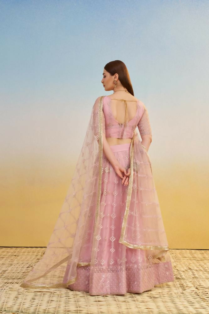 Aastha Fashion Pink Butterfly Net Tone To Tone Cotton Thread Work And Sequence Work Embroidery Wedding Wear Lehenga Choli | Grocsy
