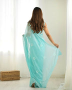 Attractive Looking Georgette Thread, Sequance Embroidery Work Party Wear Saree - Sky Blue | Grocsy