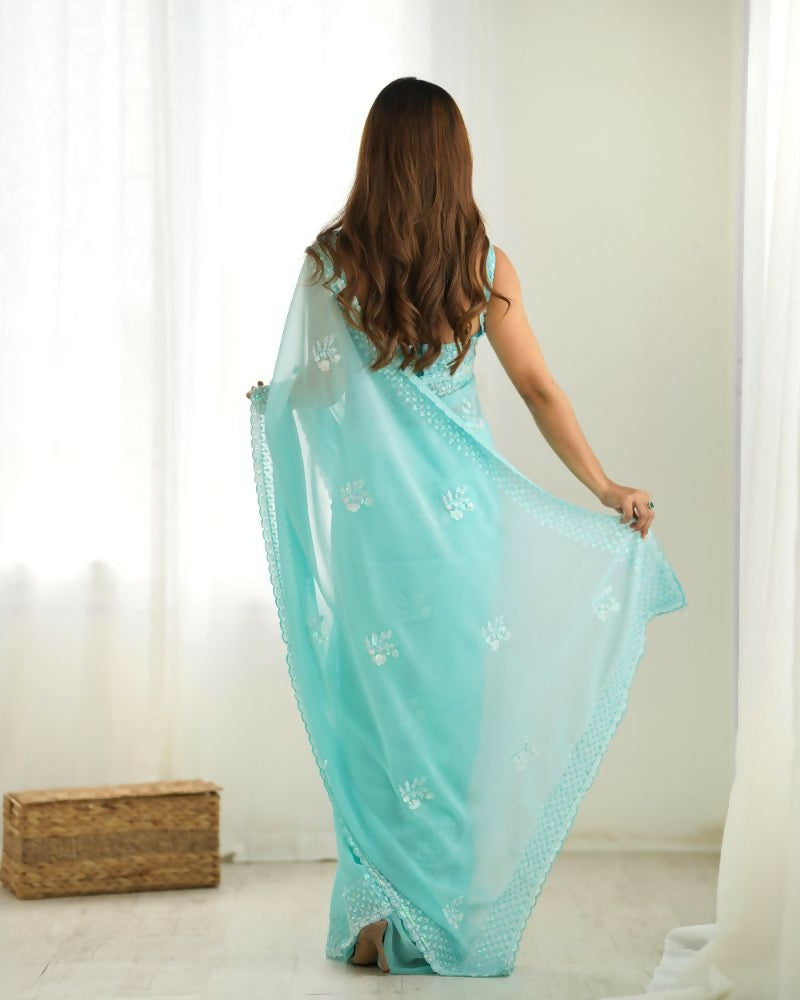 Attractive Looking Georgette Thread, Sequance Embroidery Work Party Wear Saree - Sky Blue | Grocsy