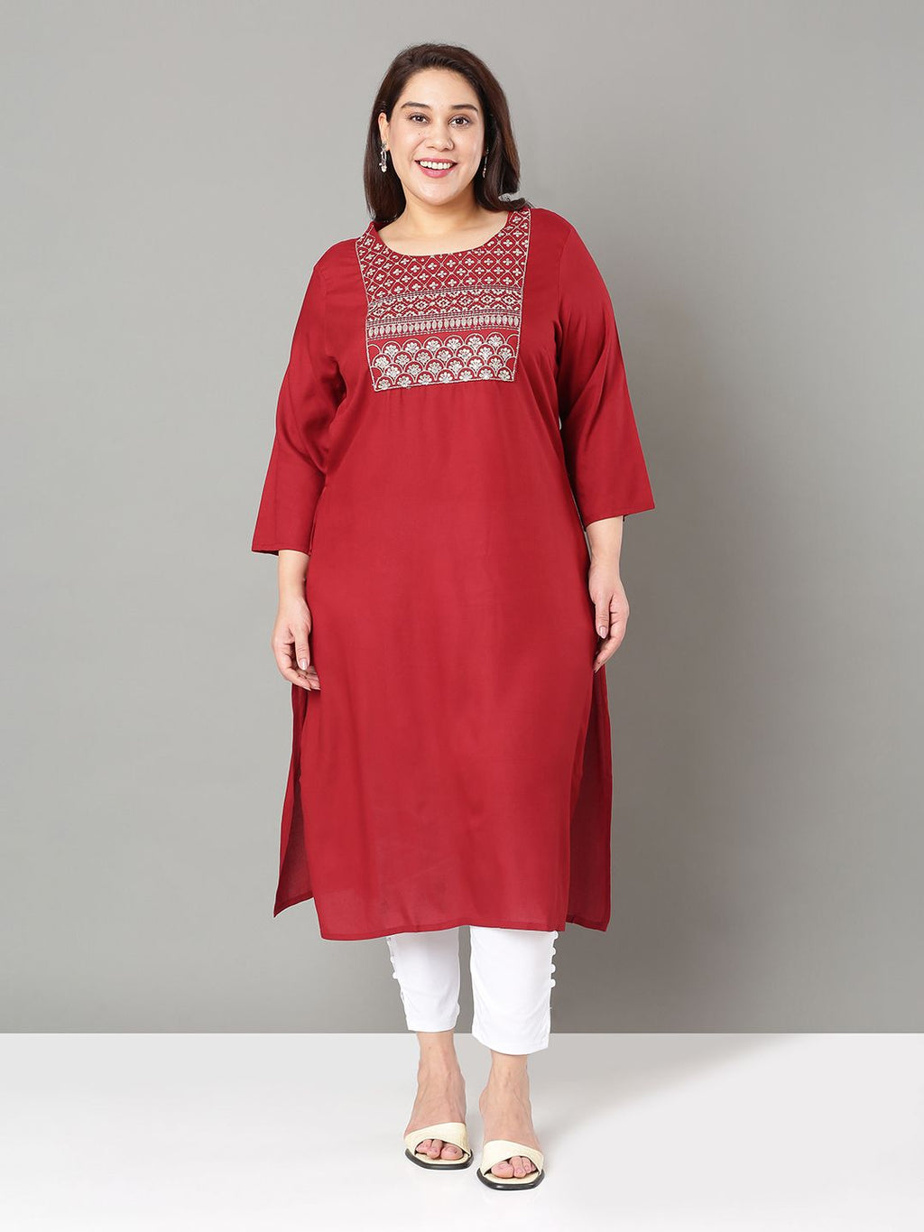 Sztori Plus Size Floral Yoke Design Thread Work Straight Kurta | Grocsy