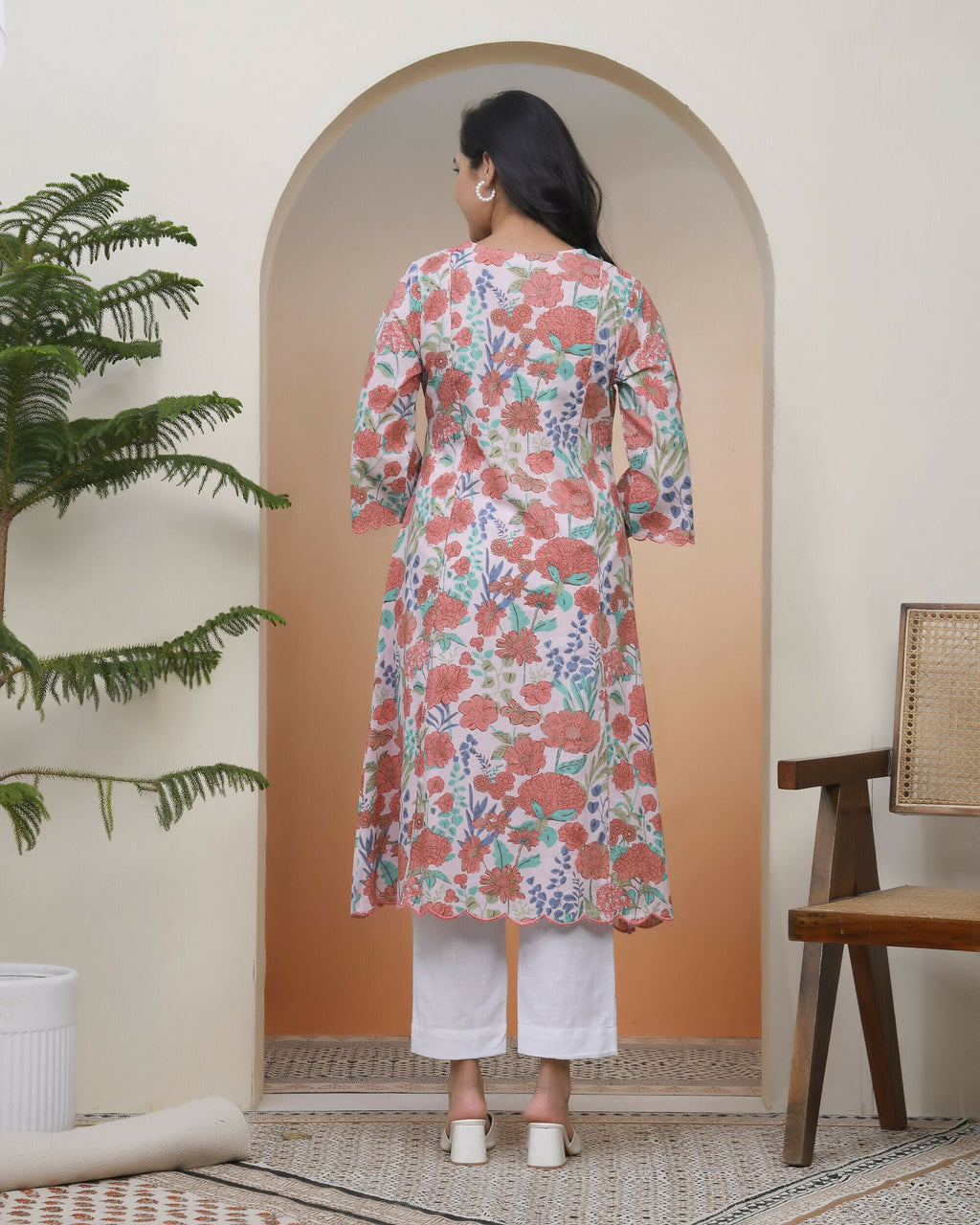 Vaasva Women Peach Floral Cotton Printed Flare Kurti With Pant | Grocsy