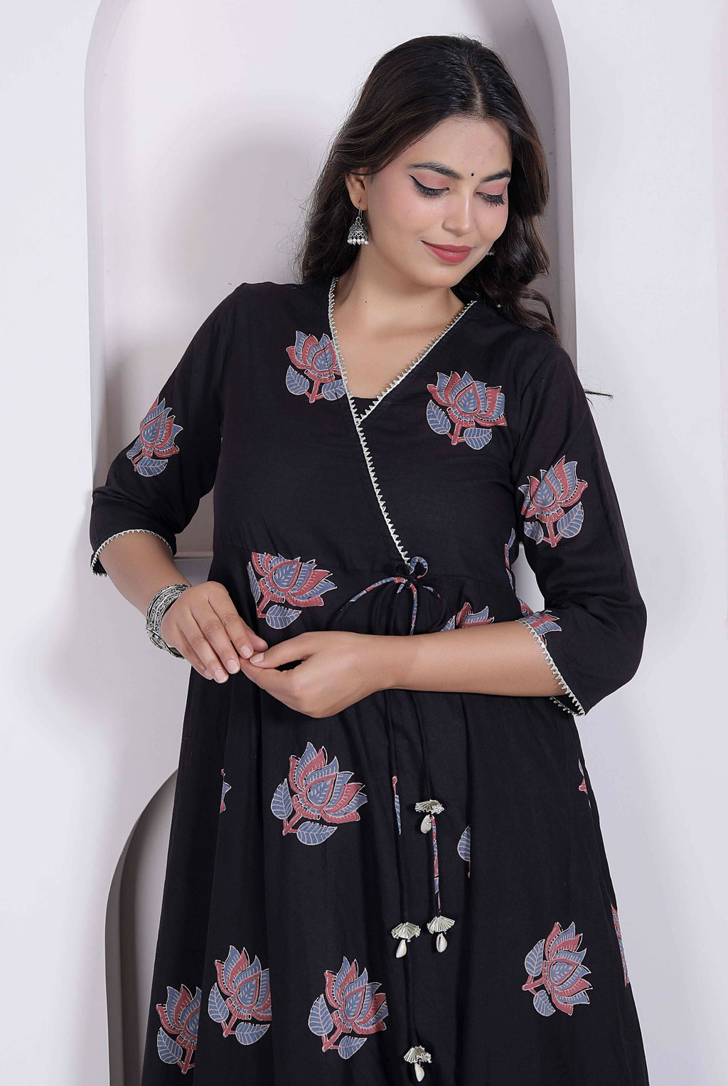 Miravan Womens Cotton Floral Print Anarkali Kurta-Black | Grocsy