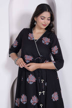 Miravan Womens Cotton Floral Print Anarkali Kurta-Black | Grocsy